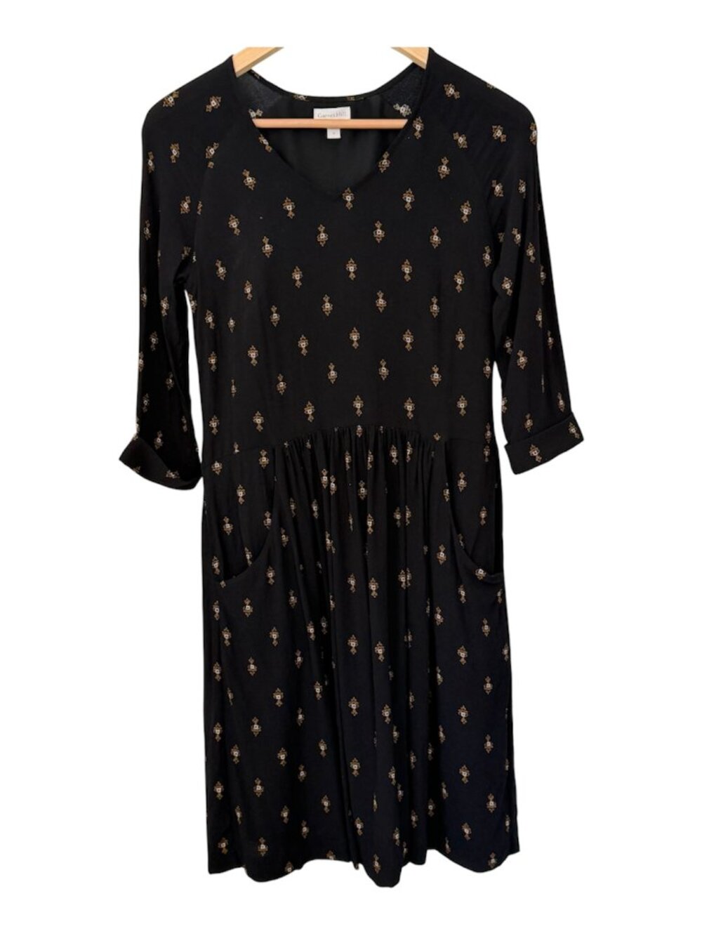 Garnet Hill Bohemian Pocket-Detail V-Neck 3/4 Sleeve Lined Dress Black Floral 0